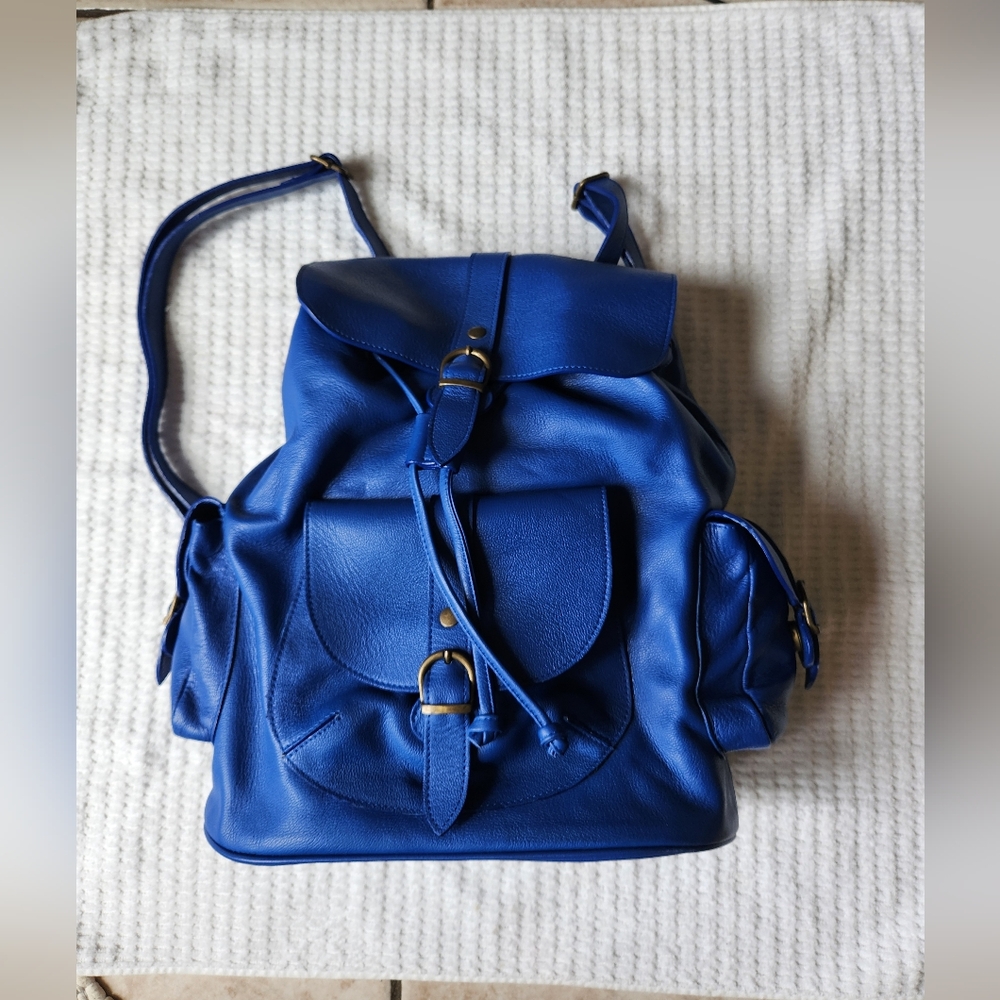 Blue Leather Drawstring Backpack Bag - Picture 4 of 5